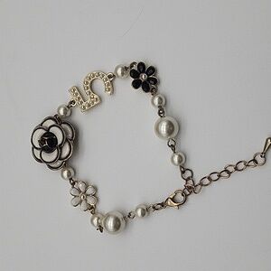 Gold-Tone Pearl & Floral Charm Bracelet with White Accents